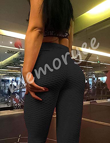 Memoryee Panal arrugado para nalgas de las mujeres leggings Levante los pantalones de yoga de cintura alta Elegante con gimnasio de control de la barriga/Black/S