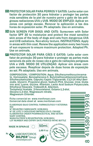 MENFORSAN Protector Solar Factor 30 Perros Y Gatos - 50 ml