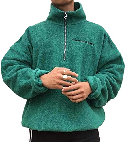 Men's Classic Fit Long Sleeve 1/4 Zipper Thicken Fleece Shaggy Pullover Sweatshirt,Green,X-Large