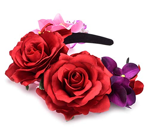 Merroyal - Diadema de flores estilo Frida Khalo, tocado de estilo mexicano para el Día de Muertos, fiestas de disfraces Rojo Rojo, morado y rosa. Talla única