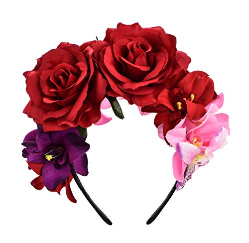 Merroyal - Diadema de flores estilo Frida Khalo, tocado de estilo mexicano para el Día de Muertos, fiestas de disfraces Rojo Rojo, morado y rosa. Talla única