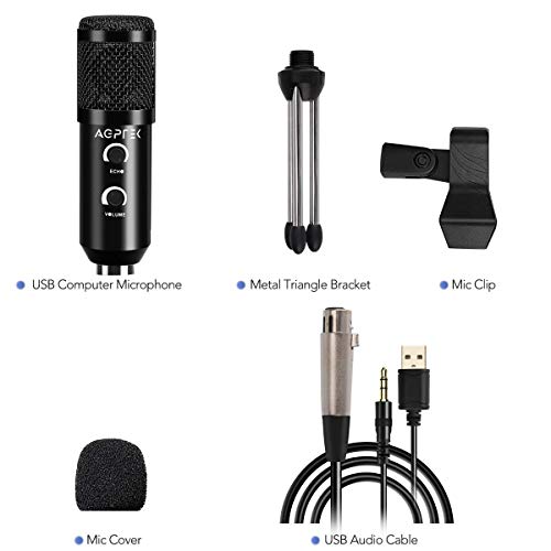 Microfono PC con Reverberación, AGPTEK Profesional Microfono Condensador USB con Trípode, Grabación Cardioide, Ideal para YouTube, Skype, Grabar