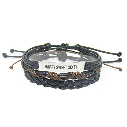 Miiras - Pulsera de cumpleaños grabada a mano con texto "Happy Sweet Sixty", color negro 10, regalo para mujeres, niñas, amigas, madres, hijas, tías que tienen sesenta años
