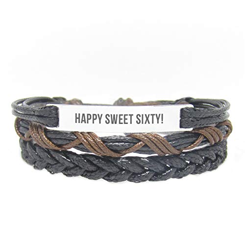 Miiras - Pulsera de cumpleaños grabada a mano con texto "Happy Sweet Sixty", color negro 10, regalo para mujeres, niñas, amigas, madres, hijas, tías que tienen sesenta años