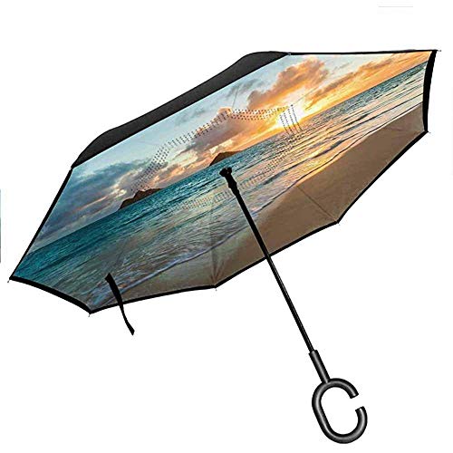 Mike-Shop Paraguas invertido Hawaianos Amanecer en el Pacífico en la Playa de Lanikai Hawaii dy Trópicos Colinas distantes Hojas Punto de Referencia