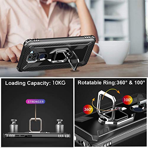 Milomdoi [Funda y 2 Unidades] Carcasa para Xiaomi Redmi Note 9 Funda con Protectores Pantalla Cristal Templado HD, Carcasa con 360 Grados Anillo iman Soporte y Silicona TPU Anti Caída Case-Negro