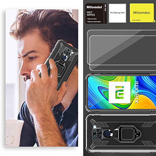 Milomdoi [Funda y 2 Unidades] Carcasa para Xiaomi Redmi Note 9 Funda con Protectores Pantalla Cristal Templado HD, Carcasa con 360 Grados Anillo iman Soporte y Silicona TPU Anti Caída Case-Negro