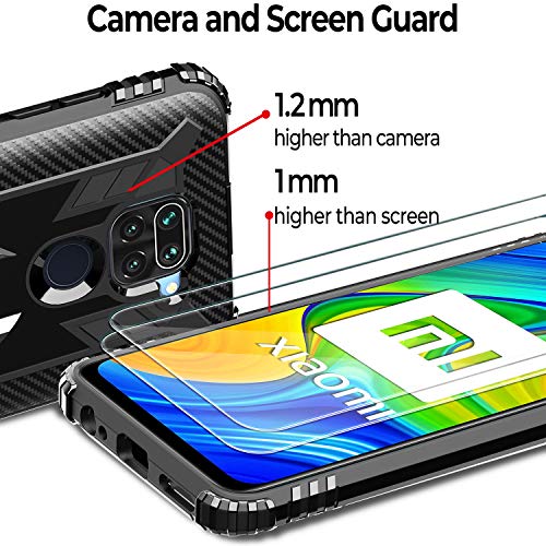 Milomdoi [Funda y 2 Unidades] Carcasa para Xiaomi Redmi Note 9 Funda con Protectores Pantalla Cristal Templado HD, Carcasa con 360 Grados Anillo iman Soporte y Silicona TPU Anti Caída Case-Negro