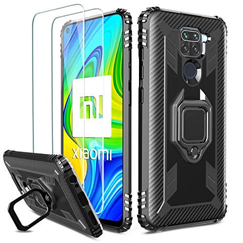 Milomdoi [Funda y 2 Unidades] Carcasa para Xiaomi Redmi Note 9 Funda con Protectores Pantalla Cristal Templado HD, Carcasa con 360 Grados Anillo iman Soporte y Silicona TPU Anti Caída Case-Negro
