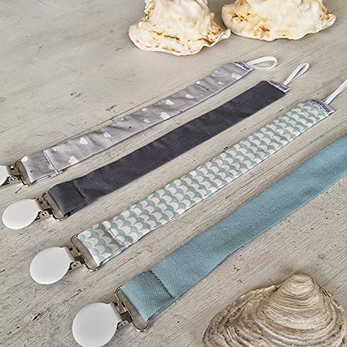 Mimuselina Pack 4 Chupeteros Bebé | Portachupetes Rectangular, Estampados Modernos y Clásicos, 100% Algodón, Color Wasabi, 27 x 2,5 cm