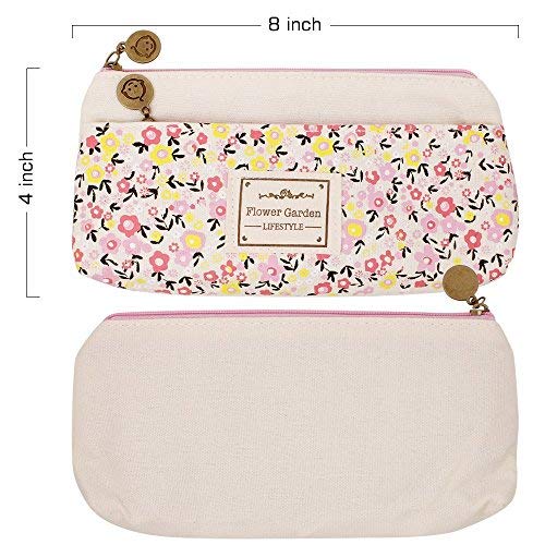 MINGZE 4 piezas Lienzo Estuches para lápices, Caja de lápiz, Pastoral Fresh Néctar floral Estuche para lápices con cremallera Estuche cosmético escolares Niños, azul oscuro, azul claro, rosa, beige