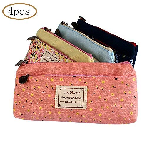 MINGZE 4 piezas Lienzo Estuches para lápices, Caja de lápiz, Pastoral Fresh Néctar floral Estuche para lápices con cremallera Estuche cosmético escolares Niños, azul oscuro, azul claro, rosa, beige