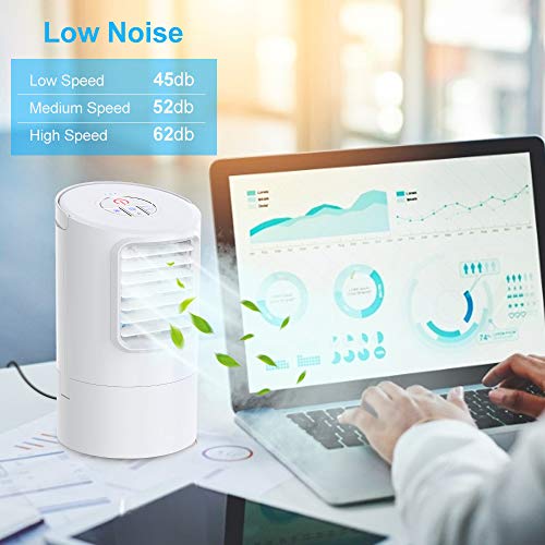 Mini Enfriador de Aire, Mini Acondicionador de Aire Móvil, 4 en 1 Enfriador de Aire con Función de Humidificación, 2 Temporizadores/3 Niveles de Potencia/7 Colores Luz, Perfecto para Trabajo y Hogar
