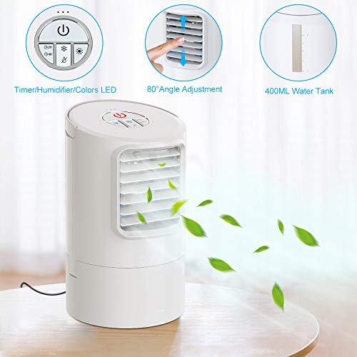Mini Enfriador de Aire, Mini Acondicionador de Aire Móvil, 4 en 1 Enfriador de Aire con Función de Humidificación, 2 Temporizadores/3 Niveles de Potencia/7 Colores Luz, Perfecto para Trabajo y Hogar
