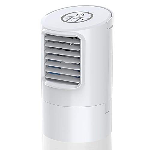 Mini Enfriador de Aire, Mini Acondicionador de Aire Móvil, 4 en 1 Enfriador de Aire con Función de Humidificación, 2 Temporizadores/3 Niveles de Potencia/7 Colores Luz, Perfecto para Trabajo y Hogar