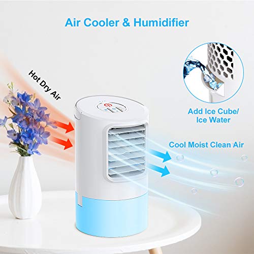 Mini Enfriador de Aire, Mini Acondicionador de Aire Móvil, 4 en 1 Enfriador de Aire con Función de Humidificación, 2 Temporizadores/3 Niveles de Potencia/7 Colores Luz, Perfecto para Trabajo y Hogar