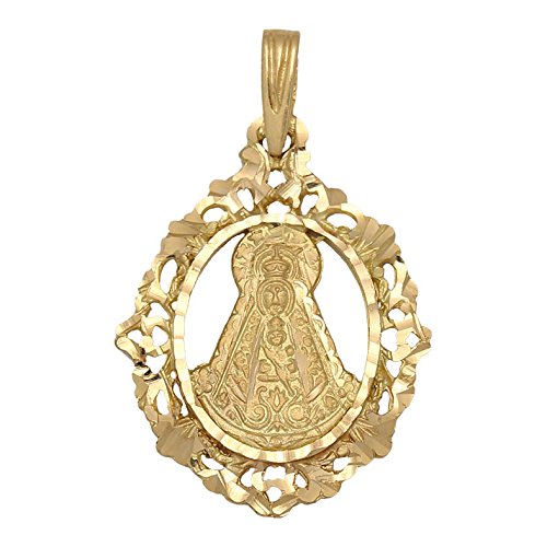 Minoplata Colgante Virgen del Rocío de Oro 18 KL. Calada, una Medalla Preciosa Ideal para Regalar a Mujeres devotas de Esta Imagen Mariana por su cumpleaños, Navidad o Romería