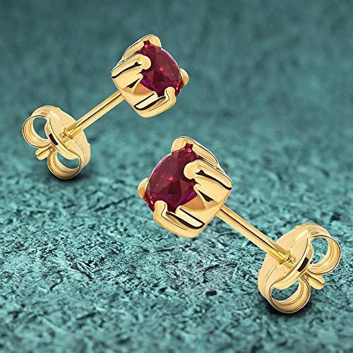 Miore Pendientes de mujer con oro amarillo de 9 quilates (375) y rubí sintético, corte redondo, 4.5 mm