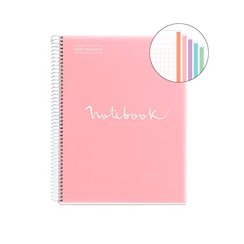Miquel Rius - Cuaderno Espiral Microperforado, Cubierta Polipropileno Translúcido, Tamaño A4 210 x 297 mm, 4 taladros, 120 Hojas de 90 g/m² y 5 Franjas de Color, Cuadrícula de 5 x 5 mm, Color Rosa