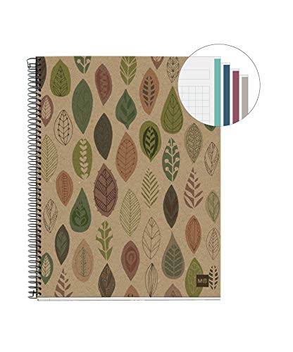 MIQUELRIUS - Cuaderno Notebook 100% Reciclado - 4 franjas de color, A5, 120 Hojas cuadriculadas 5mm, Papel 80 g, 2 Taladros, Cubierta de Cartón Reciclado, Diseño Ecohojas