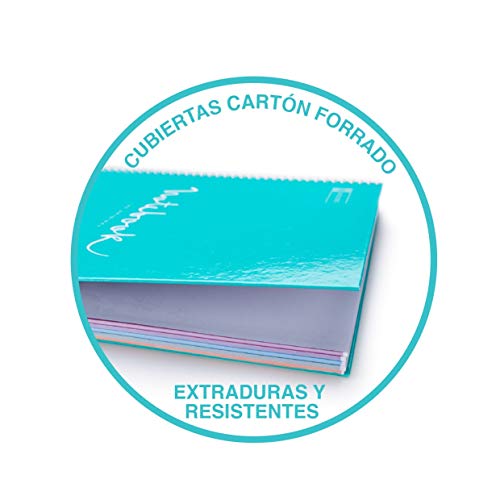 MIQUELRIUS - Cuaderno Notebook 100% Reciclado - 4 franjas de color, A5, 120 Hojas cuadriculadas 5mm, Papel 80 g, 2 Taladros, Cubierta de Cartón Reciclado, Diseño Ecohojas