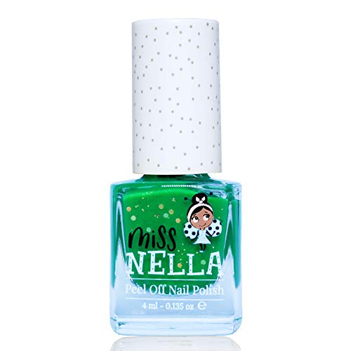 Miss Nella KISS THE FROG- Esmalte verde especial para uñas con brillos para niños, fórmula despegable, a base de agua y sin olor