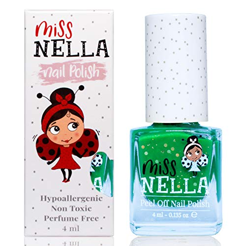 Miss Nella KISS THE FROG- Esmalte verde especial para uñas con brillos para niños, fórmula despegable, a base de agua y sin olor