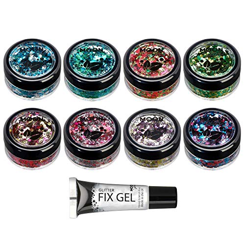 Mística Purpurina Gruesa Biodegradable Eco de Moon Glitter - Purpurina 100% Cosmética Bio para Cara, Cuerpo, Uñas, Pelo y Labios - 3g - Set de 8 colores