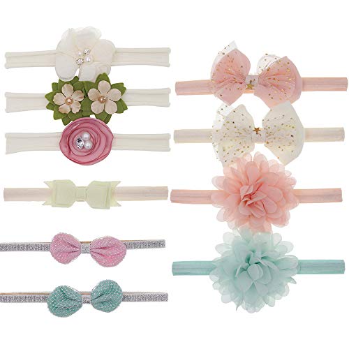 Mitlfuny 10 PCS Diademas de Bebé Cintas de Pelo Arco Sólido Banda de Cabeza Florales Bowknot Lindo Accesorios de Cabello Niñas Chicas Recien Nacidos Elástico Venda Tocado Niños 0-5 Años