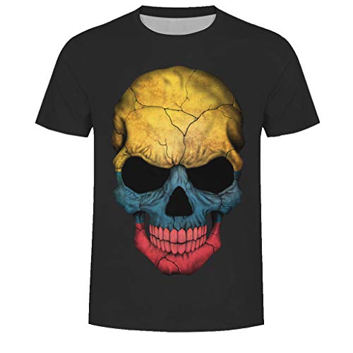 Mitlfuny Camiseta de Manga Corta para Hombre Verano Adolescente Cuello Redondo Negro Tops 3D Calavera Estampado Deportes Pullover tee Casual Moda Slim Algodón Camisa