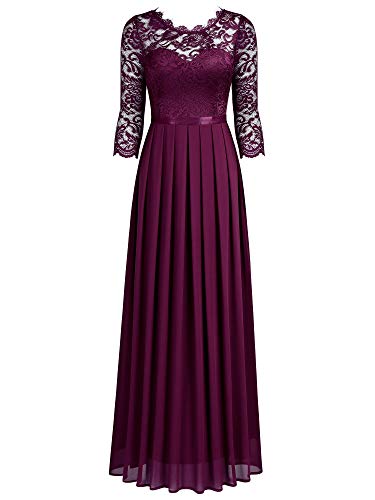 Miusol Encaje Gasa Noche Manga 3/4 Vestido Largo para Mujer Magenta Medium