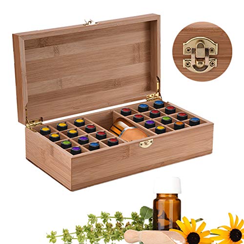 MKNZONE Caja de Aceite Esencial de Madera - 25 Ranuras de Exhibición Cosmética de Bambú Natural, Estante de Presentación Ideal para Perfume y Aceite Perfumado y Esmalte de Uñas