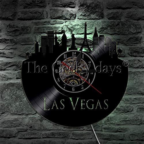 MLLL 12 Pulgadas LED Personalizado Ciudad de Juego Horizonte de Las Vegas Reloj de Pared Vintage Casino Vista de la Ciudad Disco de Vinilo Reloj de Pared Reloj de decoración de Edificio de Nevada