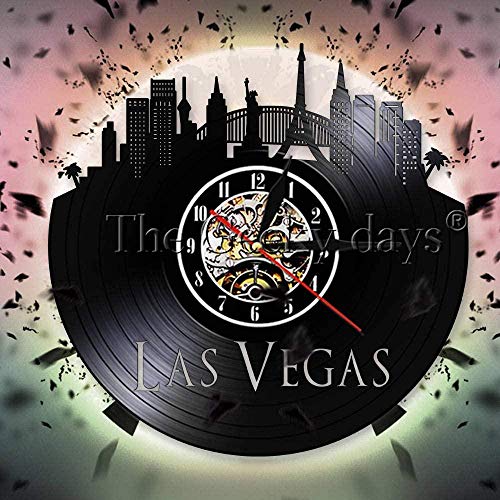 MLLL 12 Pulgadas LED Personalizado Ciudad de Juego Horizonte de Las Vegas Reloj de Pared Vintage Casino Vista de la Ciudad Disco de Vinilo Reloj de Pared Reloj de decoración de Edificio de Nevada