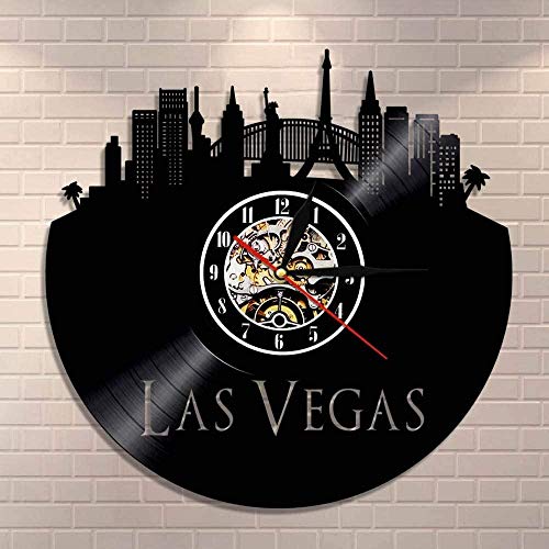 MLLL Reloj de Pared con Disco de Vinilo Retro de Arquitectura de decoración del hogar con Vistas a la Ciudad de Las Vegas