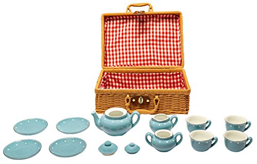 MMP Living Juego Infantil de té de 13 Piezas de Porcelana Azul con Cesta de Mimbre