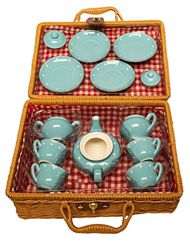 MMP Living Juego Infantil de té de 13 Piezas de Porcelana Azul con Cesta de Mimbre