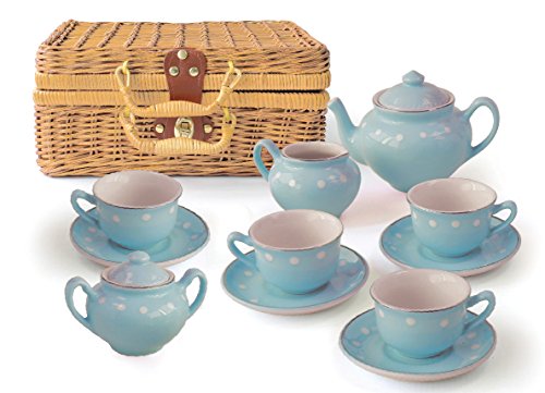 MMP Living Juego Infantil de té de 13 Piezas de Porcelana Azul con Cesta de Mimbre