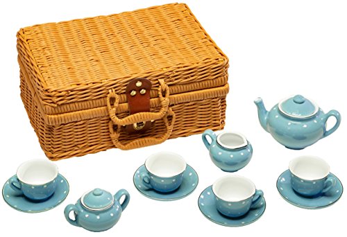 MMP Living Juego Infantil de té de 13 Piezas de Porcelana Azul con Cesta de Mimbre