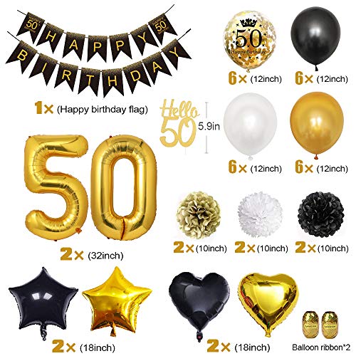 MMTX 50 Globos Cumpleaños Decoracione Oro Negro, Happy Birthday cumpleaños, Pompones de Papel, Globos de Papel de Oro para Hombres y Mujeres Adultos Decoración de Fiesta