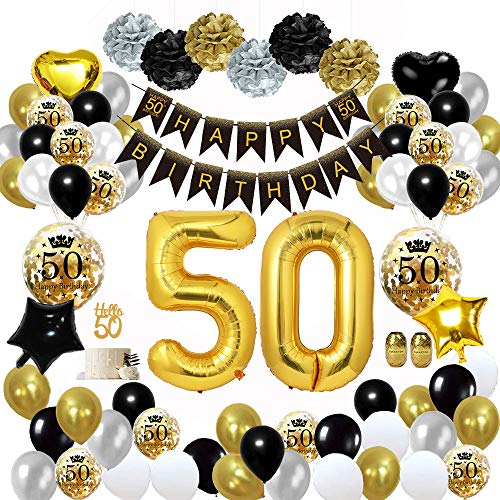 MMTX 50 Globos Cumpleaños Decoracione Oro Negro, Happy Birthday cumpleaños, Pompones de Papel, Globos de Papel de Oro para Hombres y Mujeres Adultos Decoración de Fiesta