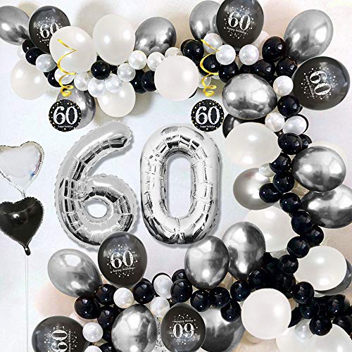 MMTX 60 Decoración Fiesta cumpleaños, Feliz cumpleaños Decoracion Globos Negro Plateado con Happy Birthday Banner, impresión látex Globos de Papel de corazón de Estrella para Niño Hombres Niña Mujer