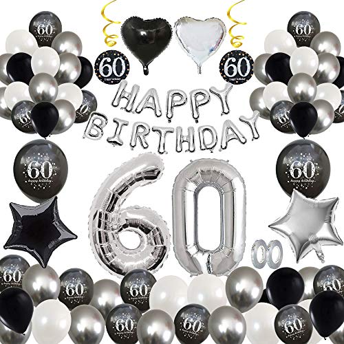 MMTX 60 Decoración Fiesta cumpleaños, Feliz cumpleaños Decoracion Globos Negro Plateado con Happy Birthday Banner, impresión látex Globos de Papel de corazón de Estrella para Niño Hombres Niña Mujer