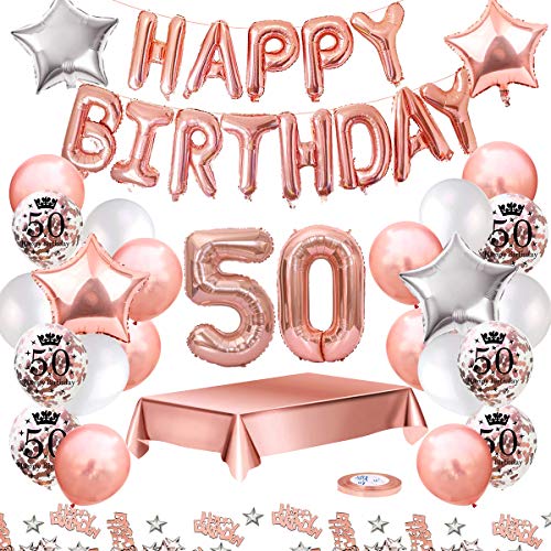 MMTX Globos De Cumpleaños 50 Años Feliz Cumpleaños Decoracion Regalo 50 Regalos Cumpleaños Mujer Oro Rosa con Guirnalda Banner De Cumpleaños para Fiesta,Manteles,Confetti,Globos de Látex Impresos