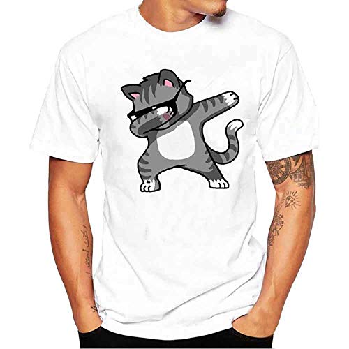MMUJERY Gato Bailando Shirt, Hombre Printing Tees Mangas Cortas O-Cuello Slim White Blusa Vacaciones Playa Verano Tops Tallas Grandes Moda Camisas Térmica S-4XL (L, Blanco)