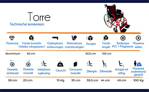Mobiclinic, modelo Torre, Silla de ruedas para minusválidos, plegable, ortopédica, de aluminio, freno en manetas, reposapiés, reposabrazos, color Rojo y Negro, asiento 44 cm, ultraligera