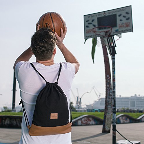 Mochila de Cuerda Negro/Marrón - JOHNNY URBAN Bolsa de Cuerdas para Hombre Mujer Niños y Adolescentes - Mochilas Cordón de Gimnasio - Bolsa Deporte de Algodón y Cuero Vegano