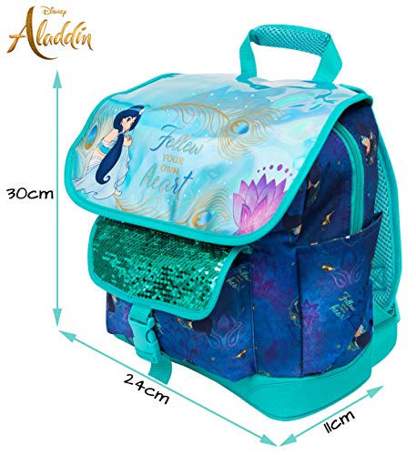 Mochila Disney Girls | Bolso De Aladdin, Sigue A Tu Propio Corazón con La Princesa Jasmin | con Lentejuelas Y Diseño Holográfico | para Niños con Bolsillo Frontal Grande para La Escuela
