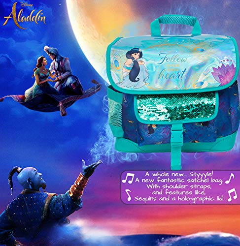 Mochila Disney Girls | Bolso De Aladdin, Sigue A Tu Propio Corazón con La Princesa Jasmin | con Lentejuelas Y Diseño Holográfico | para Niños con Bolsillo Frontal Grande para La Escuela