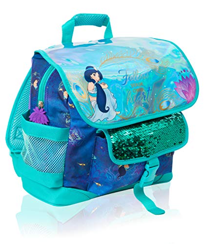 Mochila Disney Girls | Bolso De Aladdin, Sigue A Tu Propio Corazón con La Princesa Jasmin | con Lentejuelas Y Diseño Holográfico | para Niños con Bolsillo Frontal Grande para La Escuela